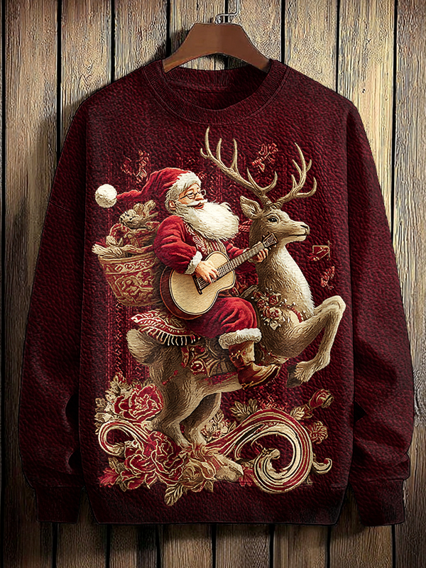 Men's Santa Claus Rides On A Reindeer And Plays The Guitar Print Casual Sweatshirt