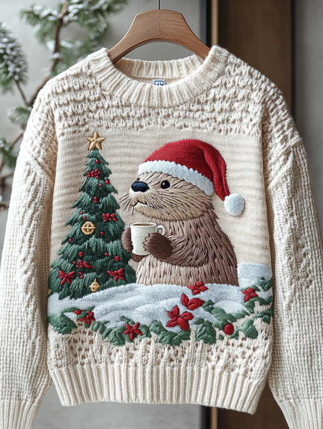 Women's Christmas Tree Otter Print Knit Sweatshirt