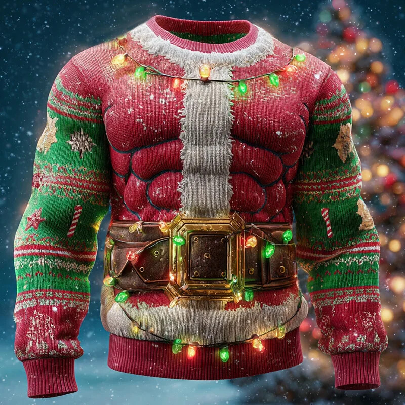 Men's Santa Claus Muscle Lollipops And Fairy Lights Art Print Knit Sweatshirt