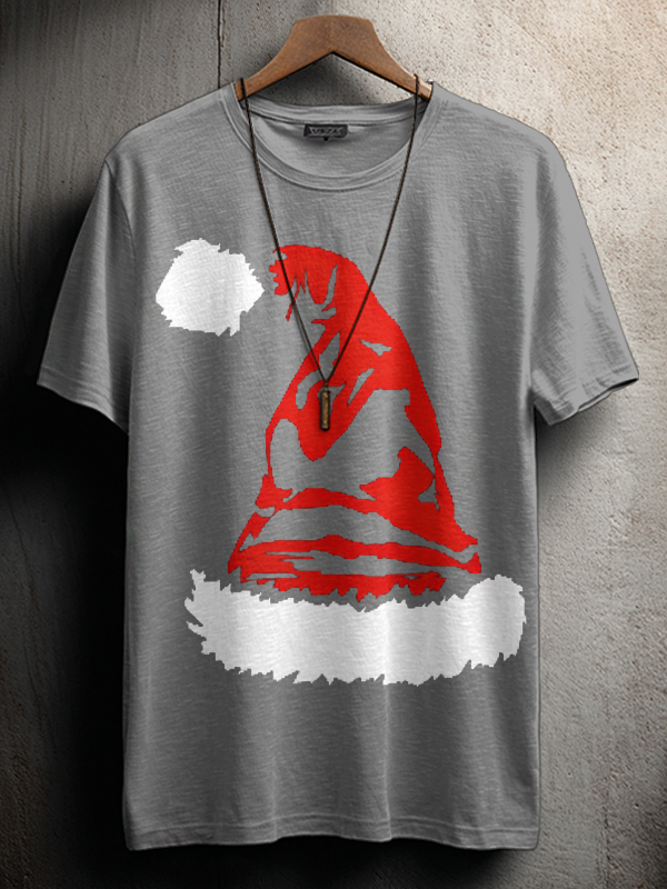 Men's Mysterious Santa Hat Print Cotton Casual T-Shirt