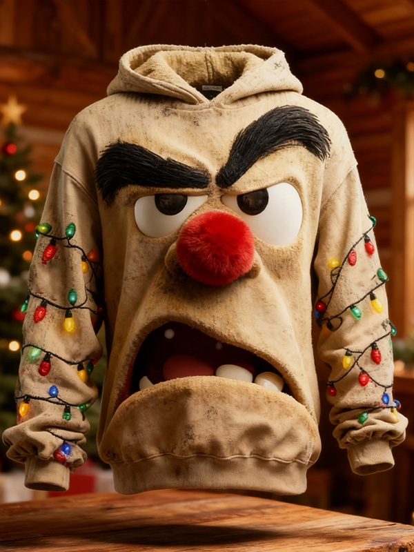 Men's 3D Grumpy Face And LED String Lights Art Print Hooded Sweatshirt