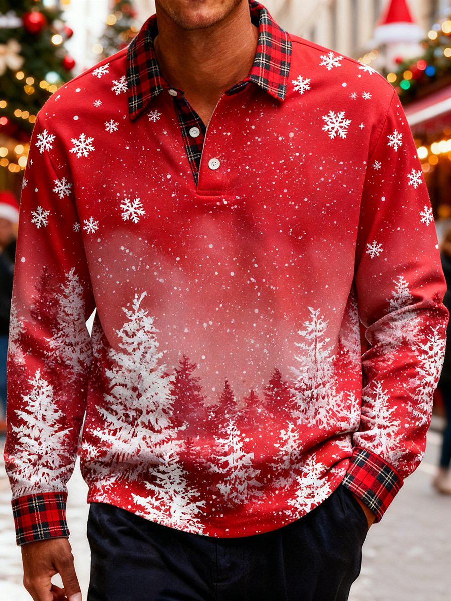 Men's Christmassy Forest Snowflake Print Casual Long Sleeve Polo Shirt