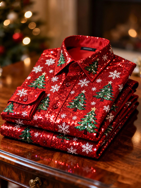 Men's Shiny Christmas Tree Winter Snowflakes Art Print Long Sleeve Shirt