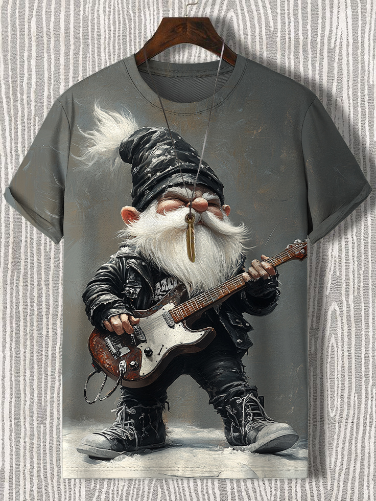 Men's Punk Rock Gnome Playing Electric Guitar Print Casual T-Shirt