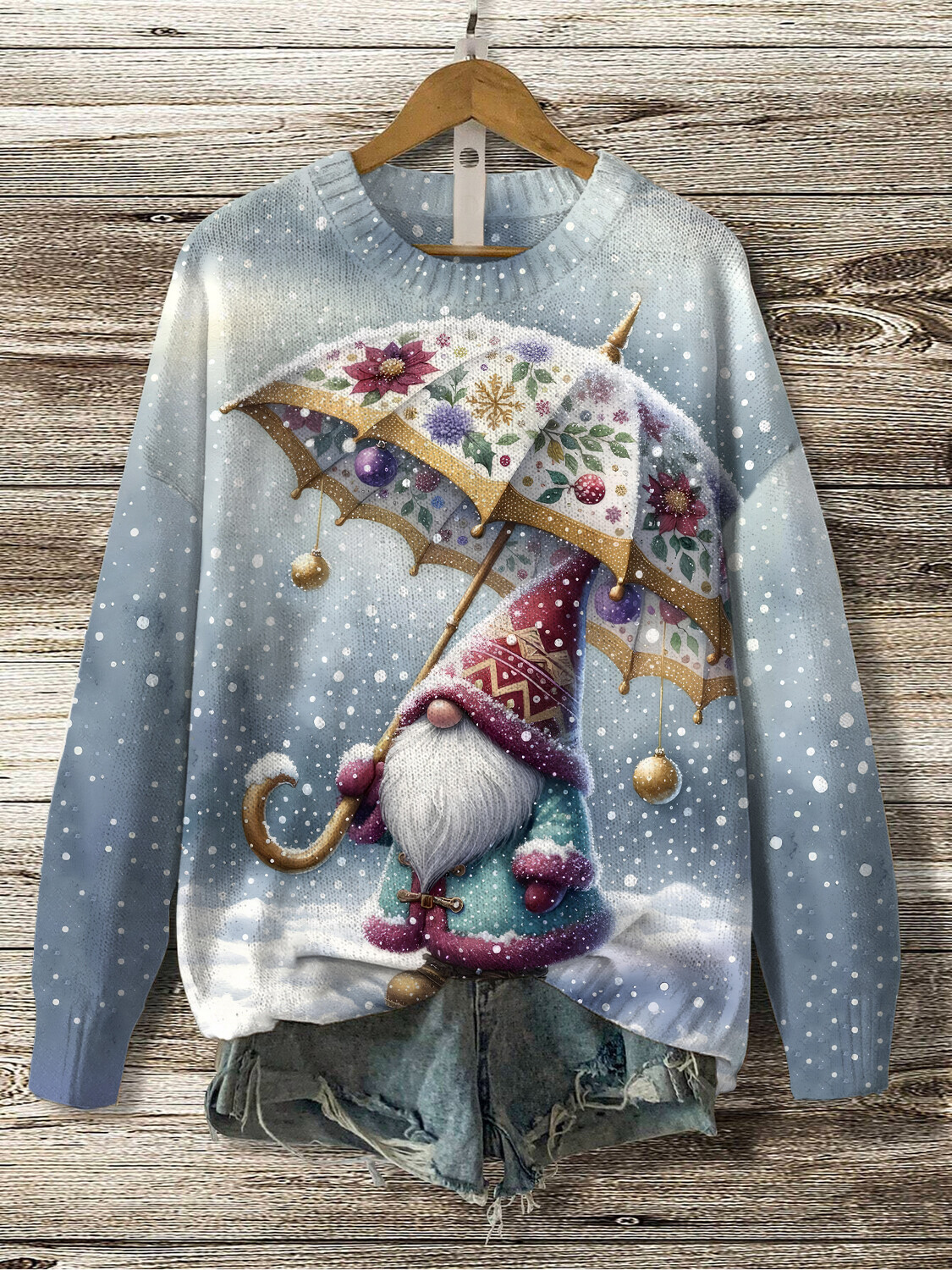 Women's Christmas Gnome With An Umbrella Art Print Knit Sweatshirt