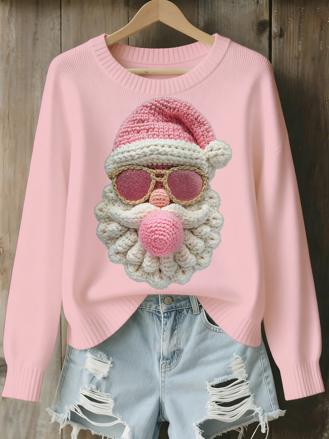 Women's Merry Christmas Pink Santa Claus Print Knit Sweatshirt