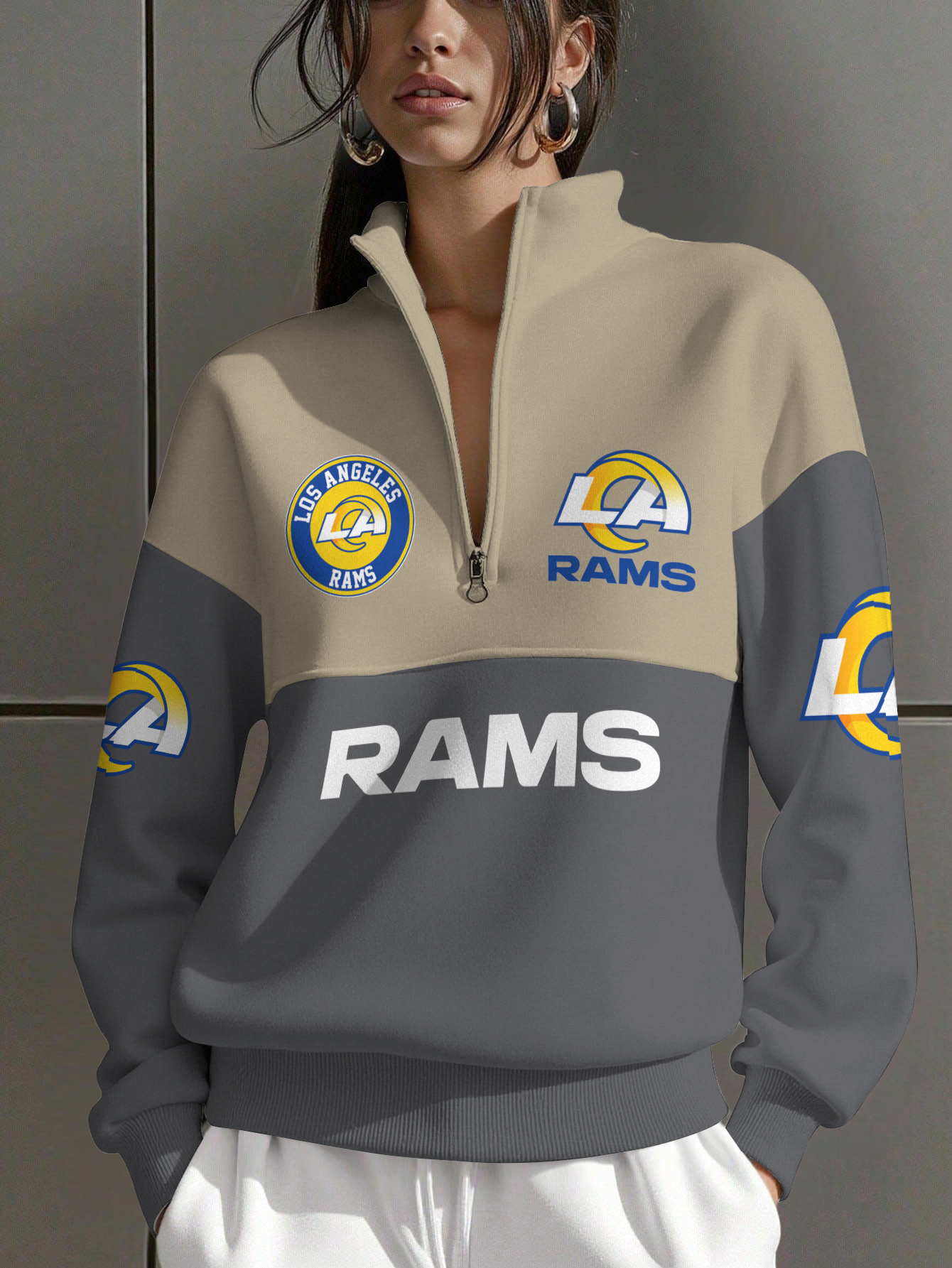 Los Angeles Rams Women Plain Color Zip Up Long Sleeve Sweatshirt