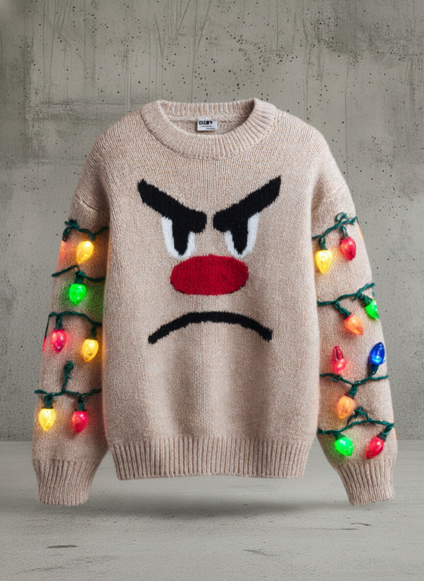 Women's Christmas Lights Funny Emoticon Art Print Knit Sweatshirt