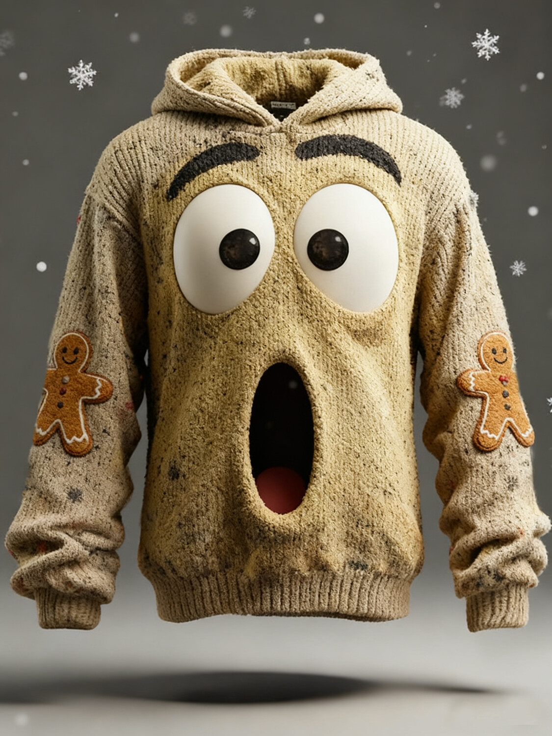 Men's Christmas Goofy Wide-Eyed Face Print Knit Hoodie