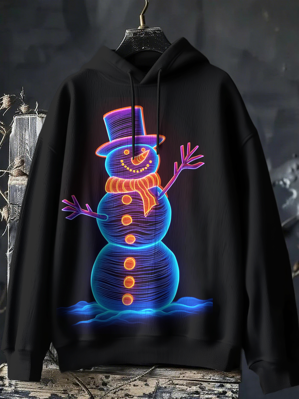 Men's Christmas Neon Snowman Print Casual Hoodie