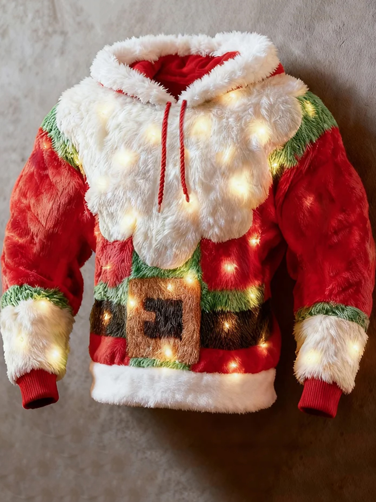 Men's Christmas Contrast Color Santa Claus Lights Print Casual Flannel Hoodie