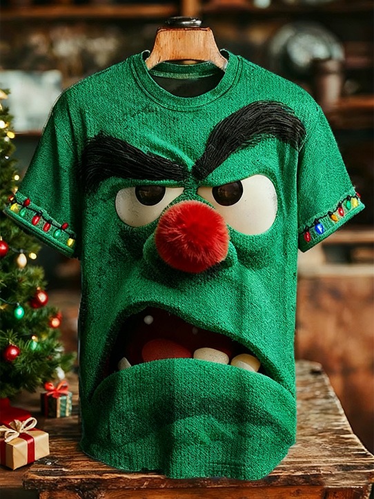 Men'S 3D Angry Cartoon Face And Colorful String Lights Art Print T-Shirt