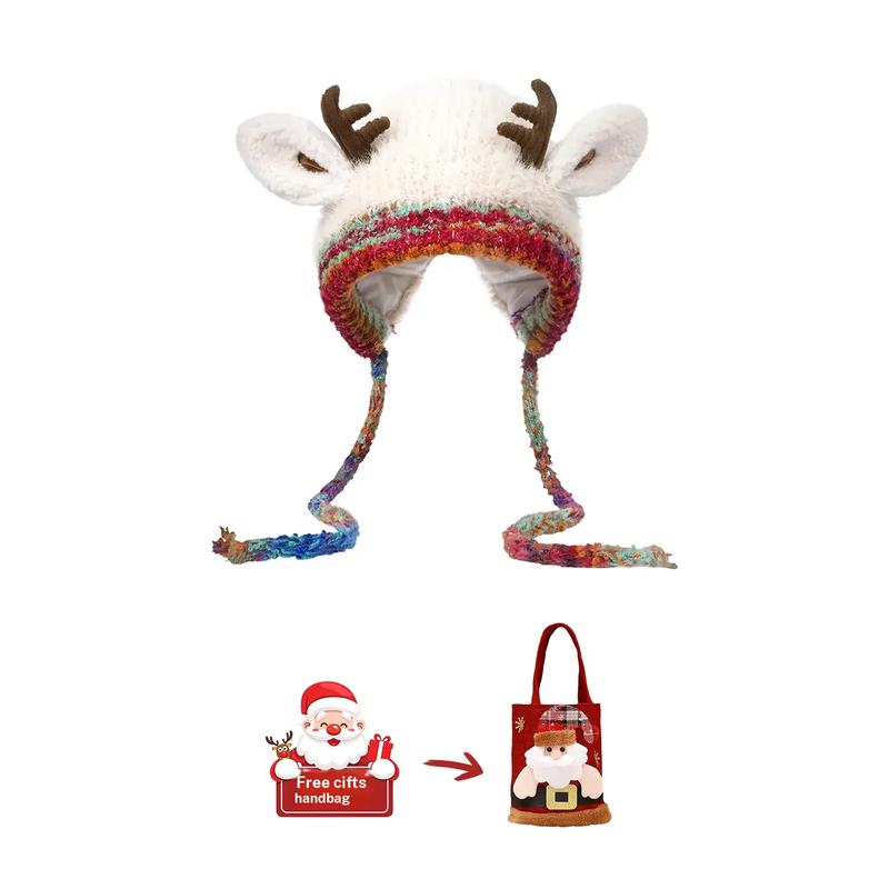 Original design Festive Christmas Antler Hat (It can be used as a handbag,A hat has multiple uses. )Knitted Ear Protection Windproof Warm Hat Suitable for the family It can be worn by adults and children, without limiting the circumference of the hea