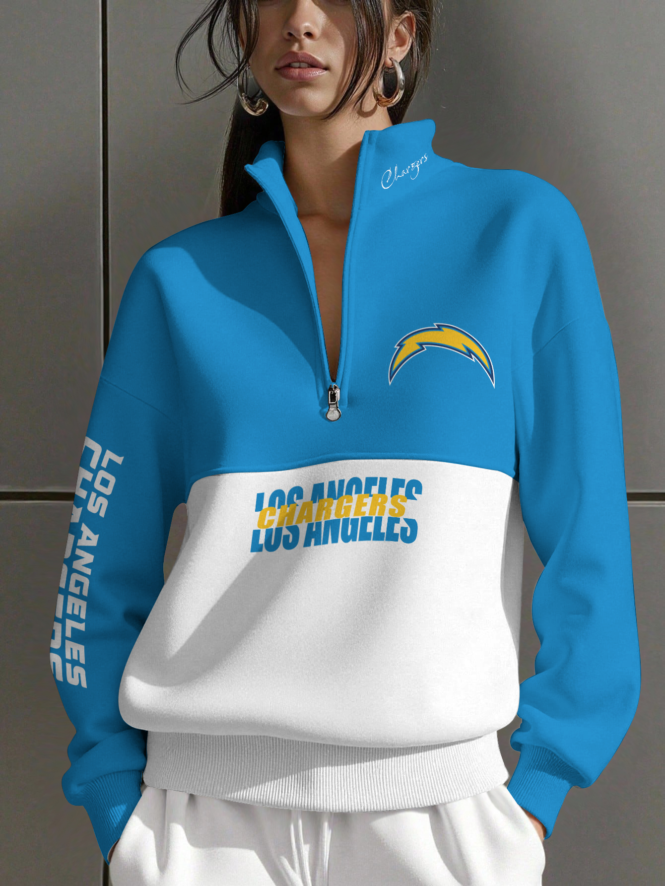 Los Angeles Chargers  Women Plain Color Zip Up Long Sleeve Sweatshirt