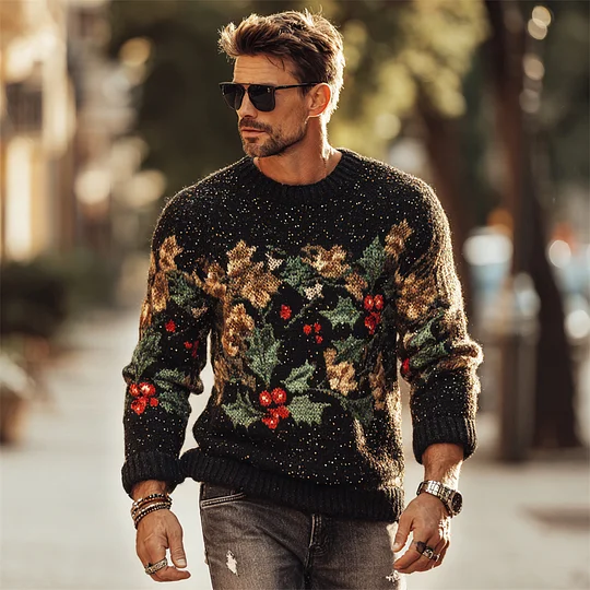Men's Christmas Holly Print Knit Sweatshirt