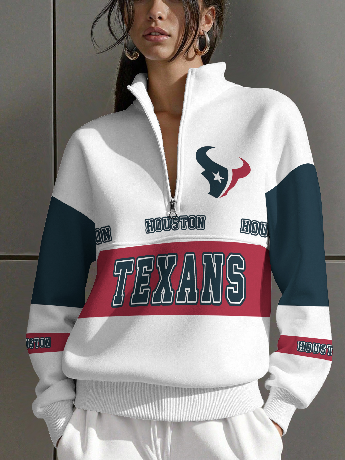 Houston Texans  Women Plain Color Zip Up Long Sleeve Sweatshirt