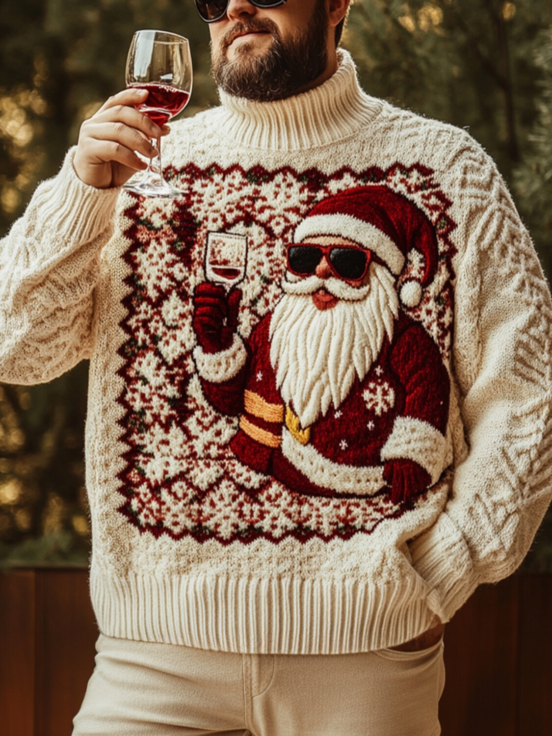 Men's Christmas Santa Claus Red Wine Geometric Snowflakes Pattern Print High Neck Knit Sweatshirt