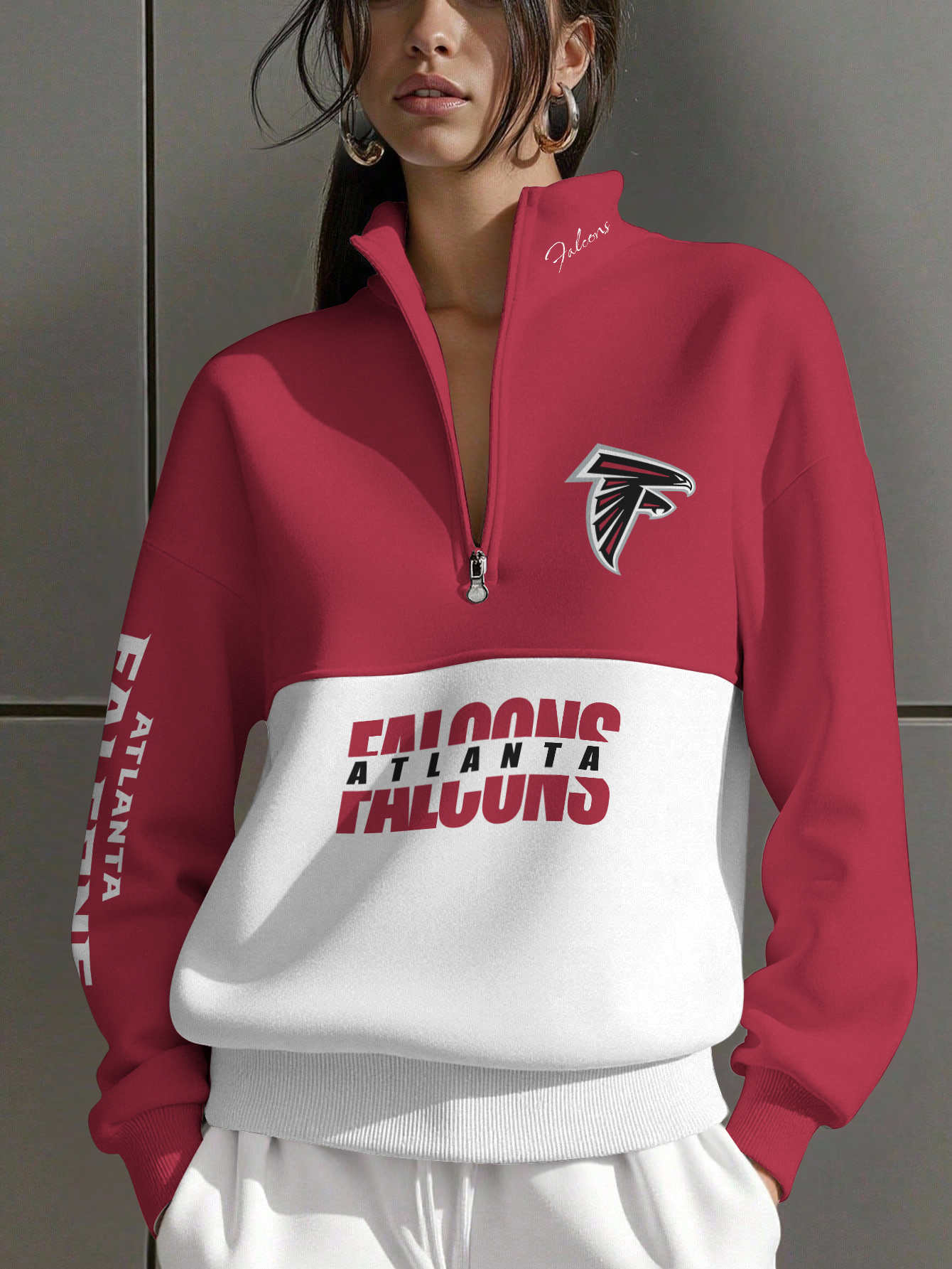 Atlanta Falcons  Women Plain Color Zip Up Long Sleeve Sweatshirt