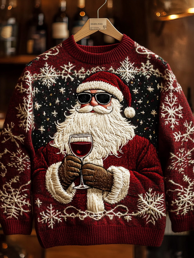 Men's Christmas Santa Claus Holding A Glass Of Red Wine Winter Snowflakes Print Knit Sweatshirt