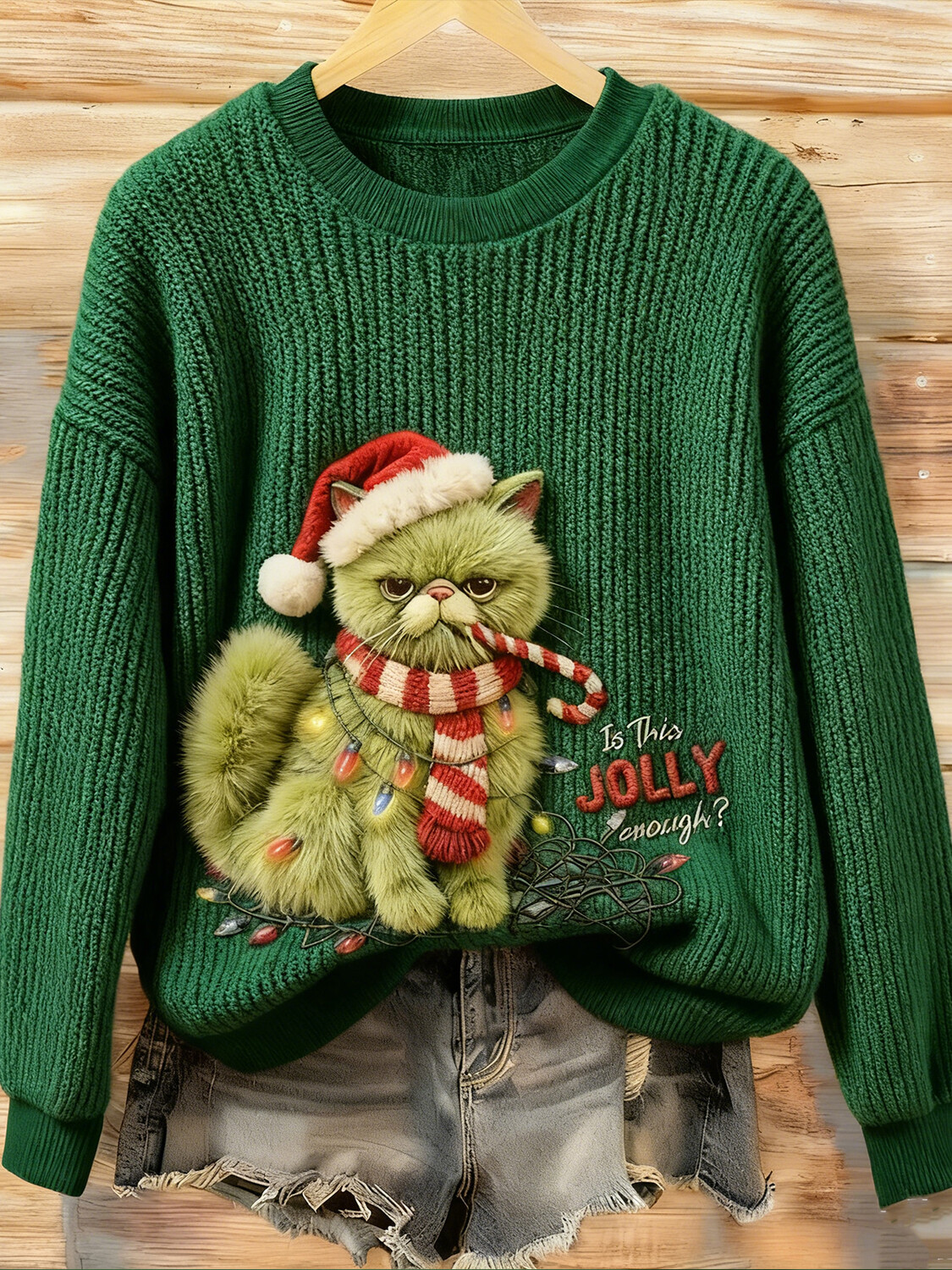 Women's Christmas Grumpy Green Cat Is This JOLLY Enough Print Knit Sweatshirt