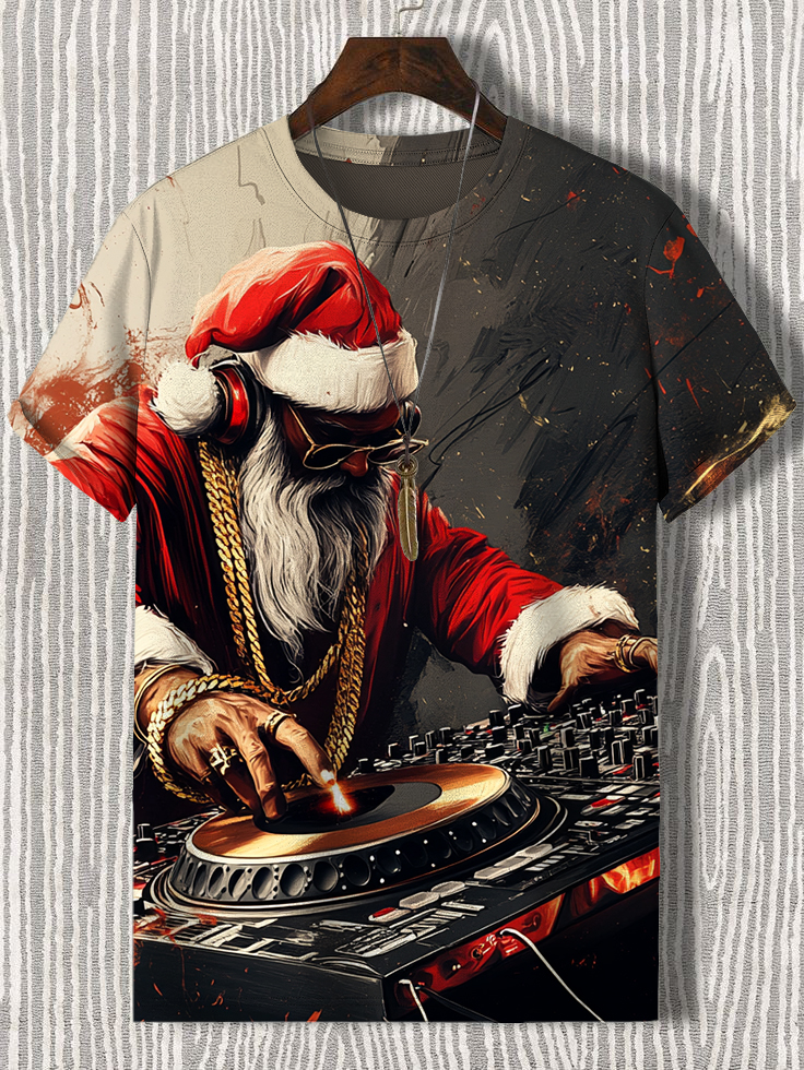 Men's Hip Hop Santa DJ Christmas Print Casual T-Shirt