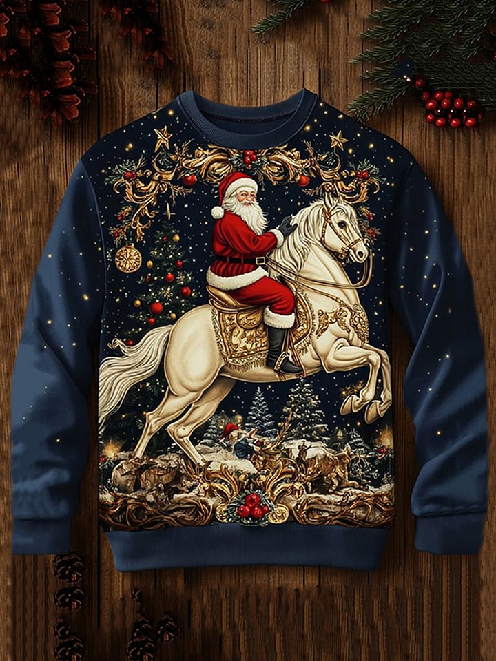 Men's Christmas Santa Claus Horse 3D Embroidered Art Print Casual Sweatshirt
