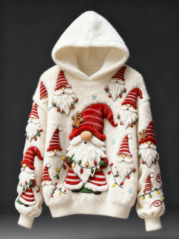 Women's Christmas Gnome Print Casual Flannel Hoodie