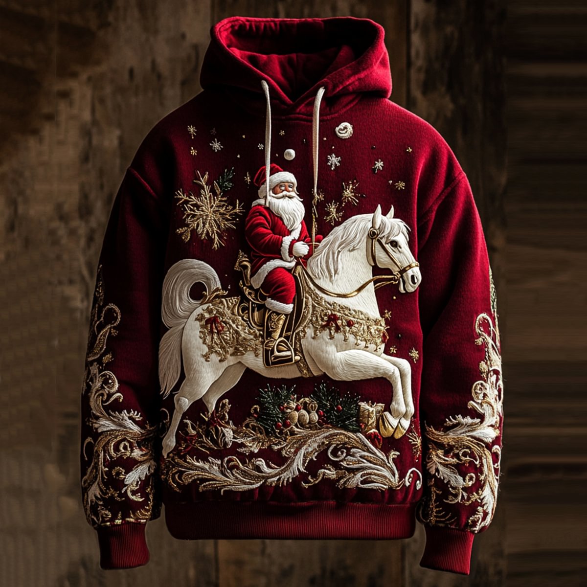 Men's Christmas Holly Snowflakes Santa Horse Print Casual Hoodie