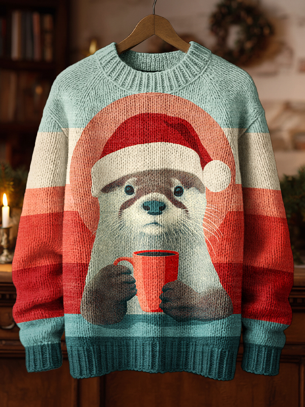 Men's Christmas Otter with Coffee Colorblock Print Knit Sweatshirt