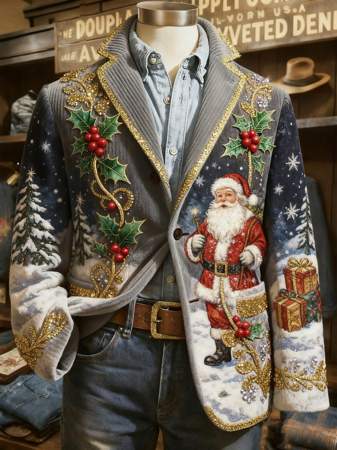 Men's Christmas Santa Claus Holly Print Corduroy Blazer