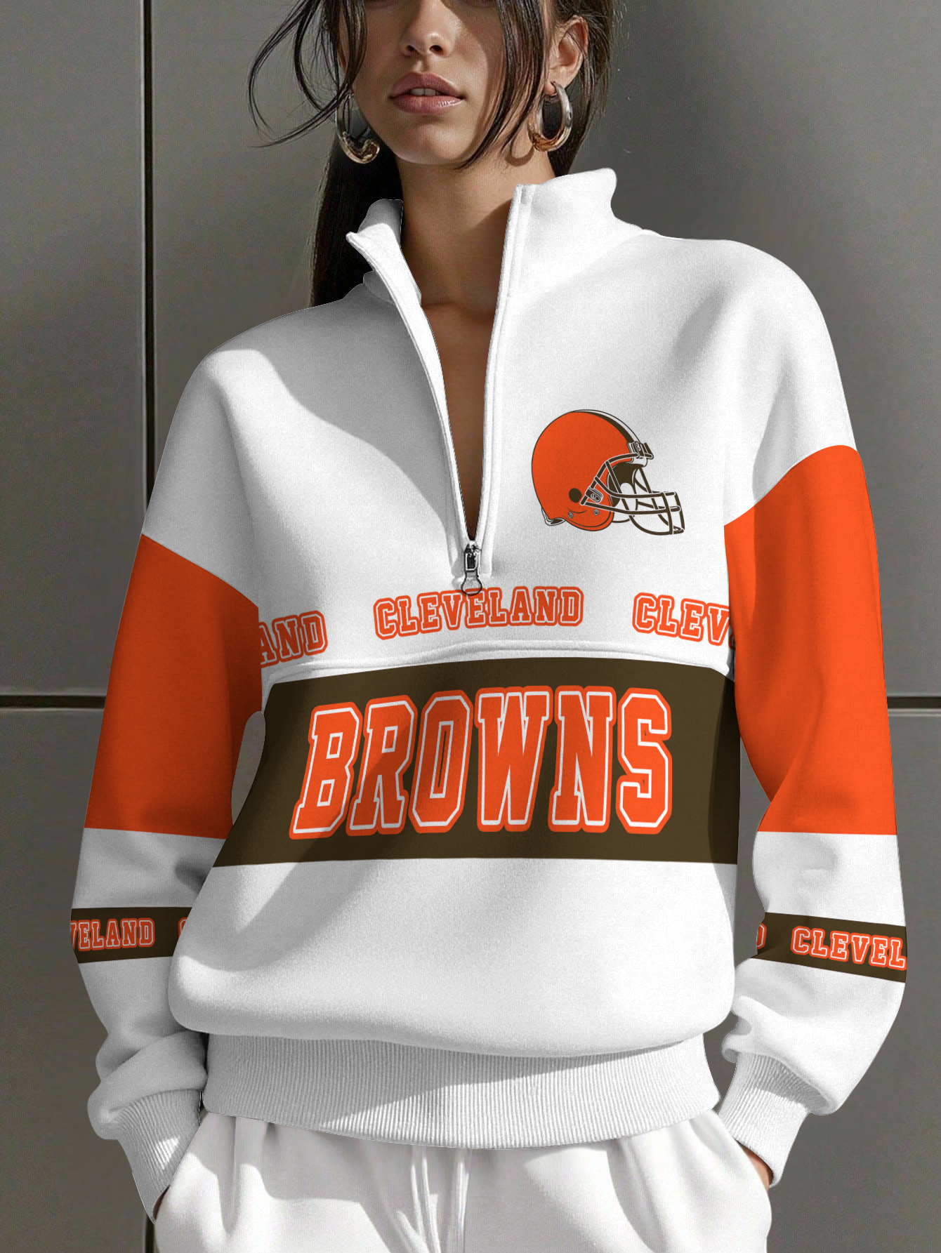 Cleveland Browns  Women Plain Color Zip Up Long Sleeve Sweatshirt