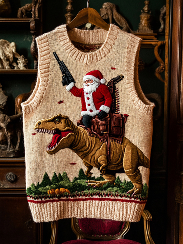 Men's Santa Claus With Gun And Dinosaur Mount Print V Neck Knit Vest