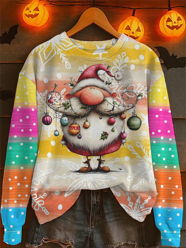 Women's Colorful Striped Polka Dot Santa Claus Christmas Print Cozy Sweatshirt