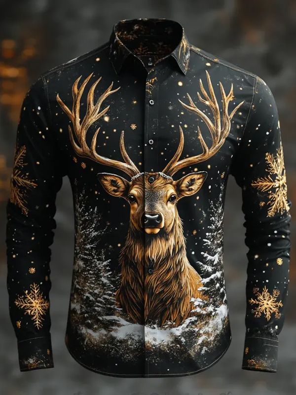 Men's Christmas Elk Golden Snowflakes Print Long Sleeve Shirt