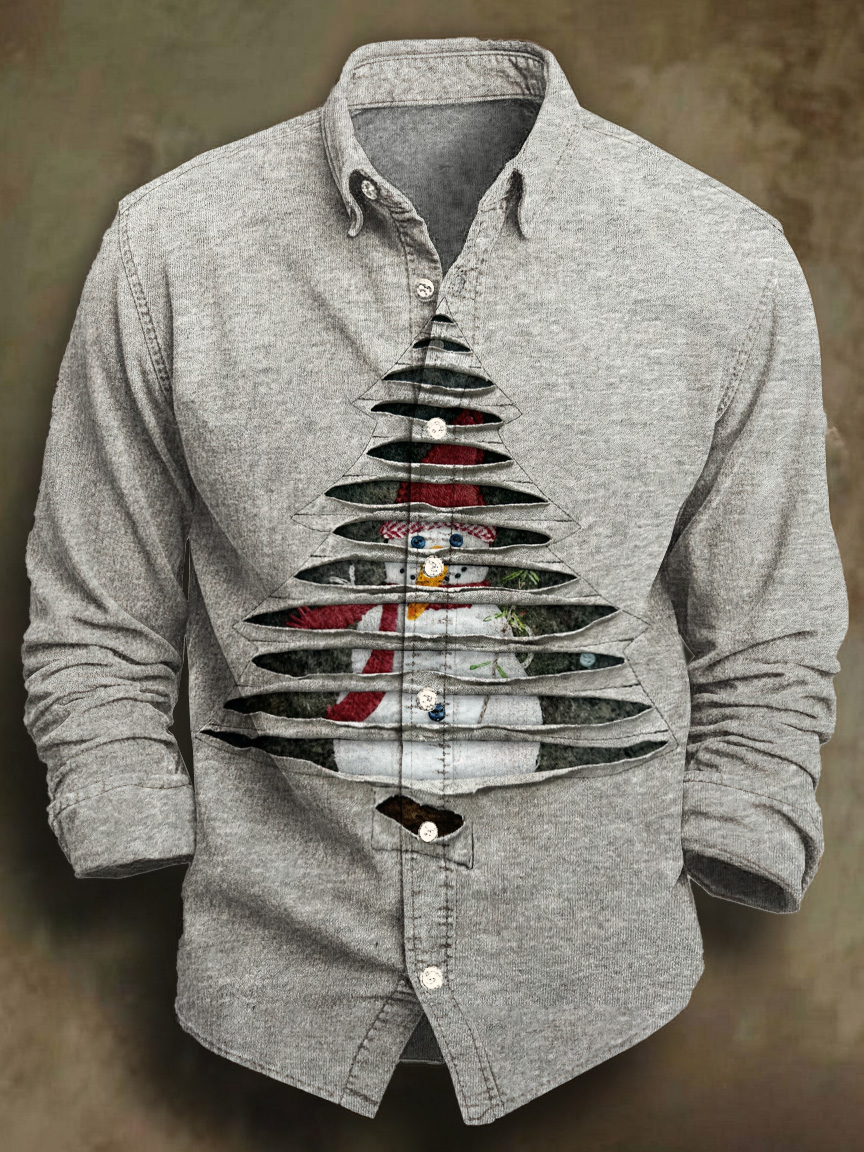 Men's Ripped Christmas Tree Shaped Snowman Art Print Long Sleeve Shirt