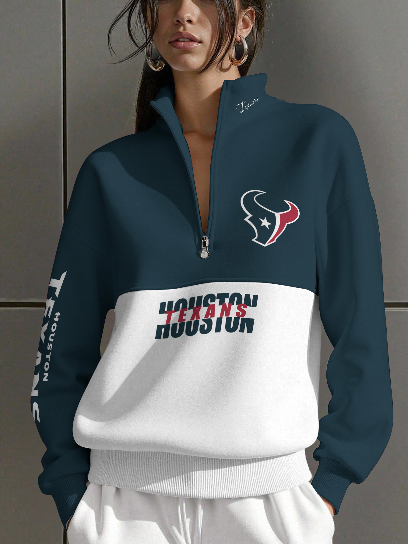 Houston Texans  Women Plain Color Zip Up Long Sleeve Sweatshirt