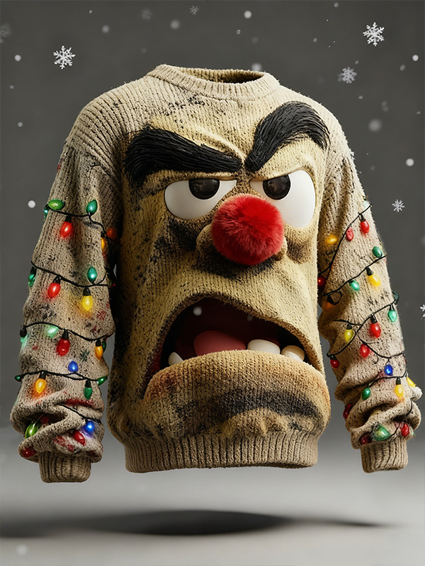 Men'S 3D Angry Cartoon Face And Colorful String Lights  Art Print Casual Flannel Sweatshirt