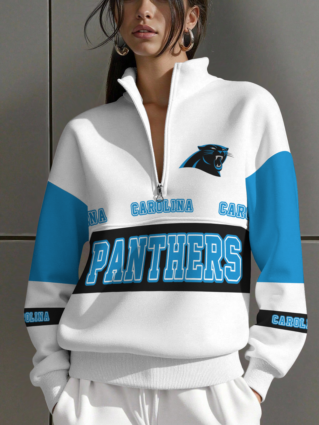 Carolina Panthers  Women Plain Color Zip Up Long Sleeve Sweatshirt