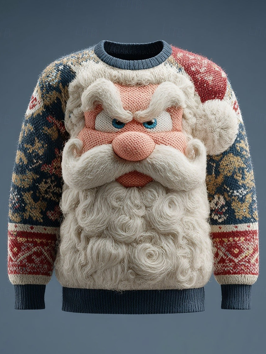 Men's Christmas 3D Angry Santa Face Nordic Print Knit Sweatshirt
