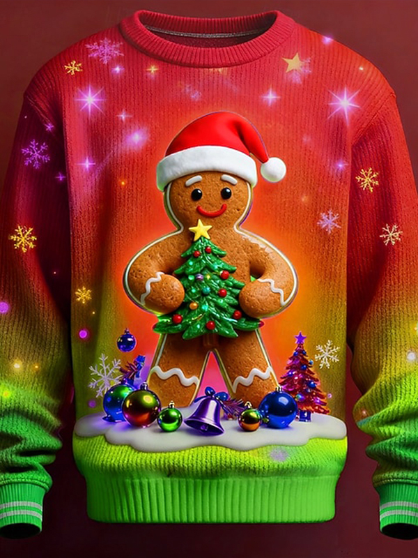 Men's Christmas Tree Gingerbread Man Gradient Print Ribbed Sweatshirt