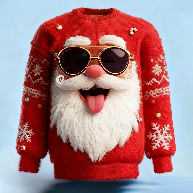 Men's Christmas Santa Claus with Sunglasses Snowflake Candy Cane Print Knit Sweatshirt