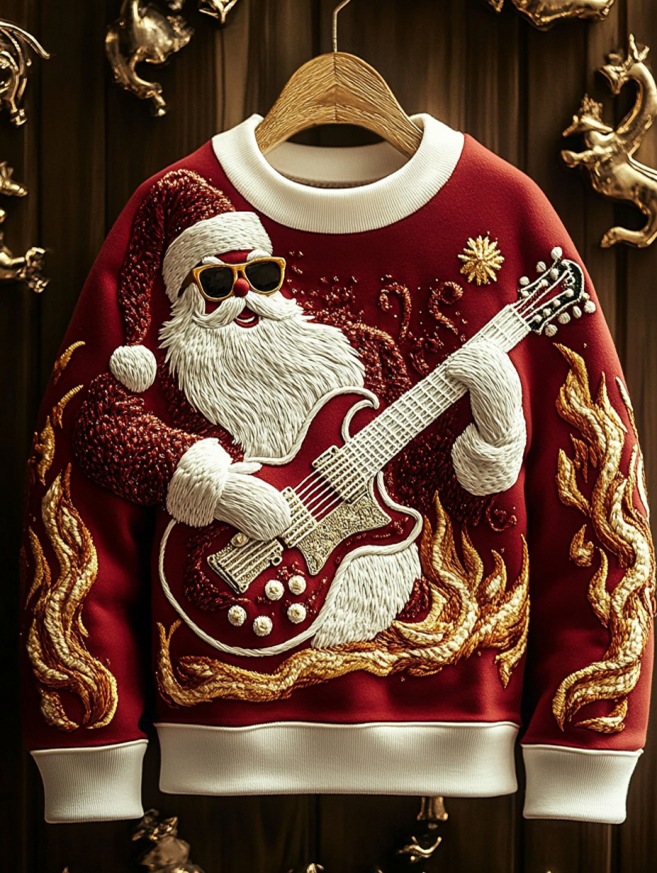 Men's Santa Claus Playing Guitar And Singing Christmas Songs Flame Print Casual Sweatshirt