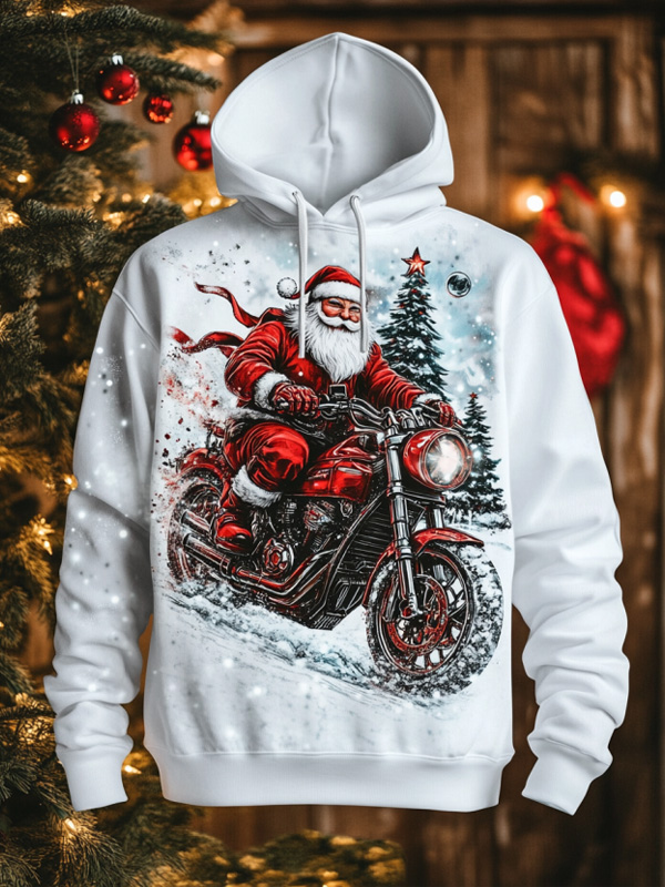 Men's Santa Claus With Christmas Tree Riding A Motorcycle In The Snow Art Print Hoodie