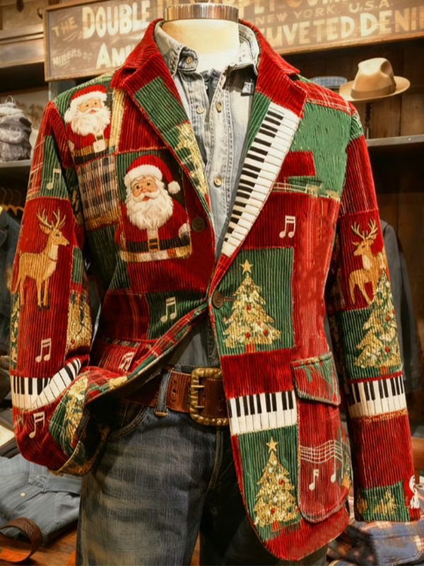 Men's Santa Claus Christmas Tree Music Symbol Patchwork Print Corduroy Blazer