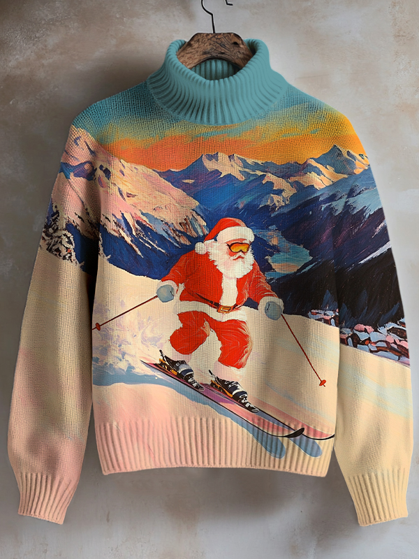 Women's Sunset Santa Skiing Art Print High Neck Knit Sweatshirt