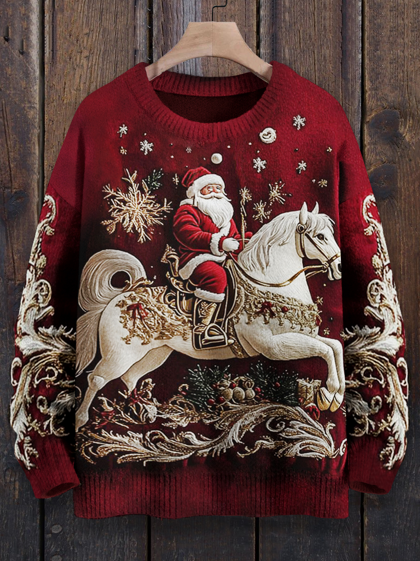 Men's Christmas Holly Snowflakes Santa Horse Print Knit Sweatshirt