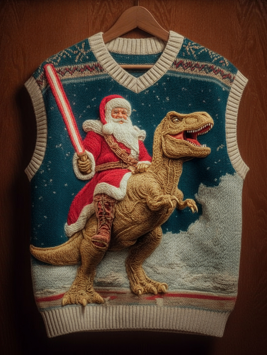 Men's Surrealism Santa Claus With A Light Saber Print V Neck Knit Vest