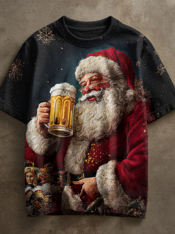 Men's Christmas Santa Claus Beer Oil Painting Print Casual T-Shirt