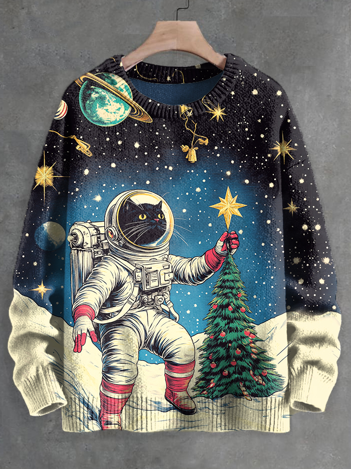 Men's Space Black Cat Astronaut Christmas Tree Print Knit Sweatshirt