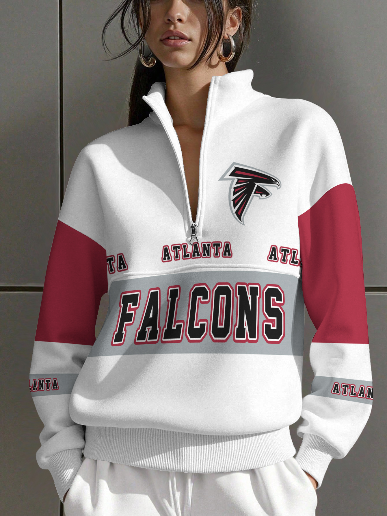 Atlanta Falcons  Women Plain Color Zip Up Long Sleeve Sweatshirt